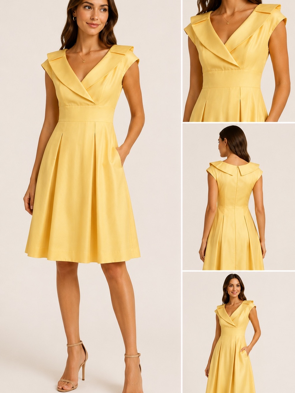 Tahari Womens 8 Yellow A-Line Fit & Flare Dress Wide Collar Knee Length